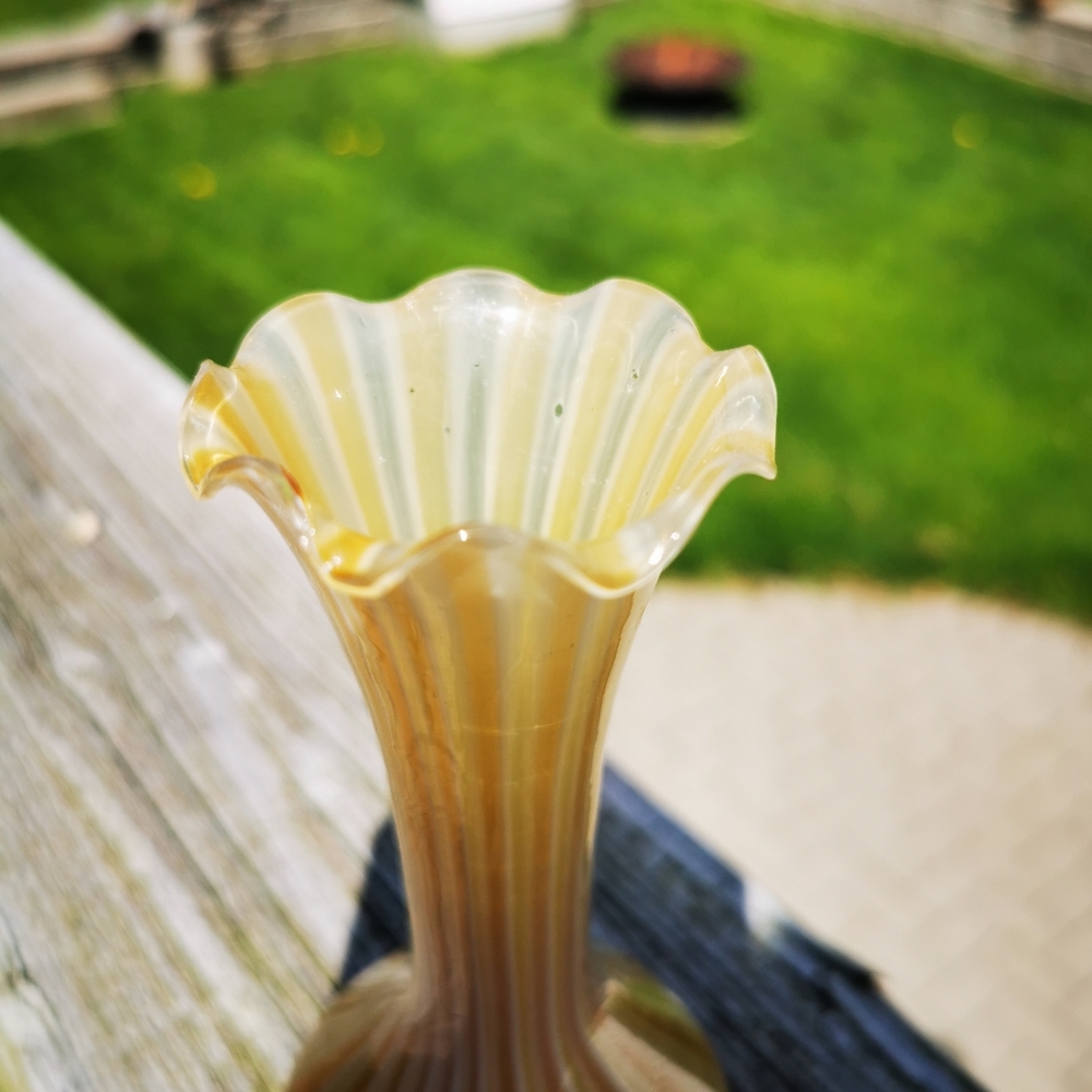 Art Glass Vase / Bud Vase ~ Striped Butterscotch Colour ~ Ruffled Rim - Picture 6 of 14